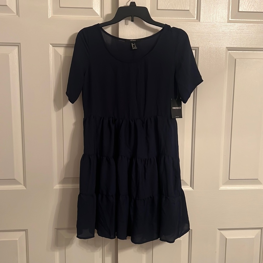 #97- NWT Forever 21 Blue Round Neck Pullover Ruffles Dress Pockets Size Small Jr